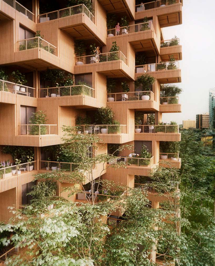 Деревянная башня с садами на балконах от Penda + Timber