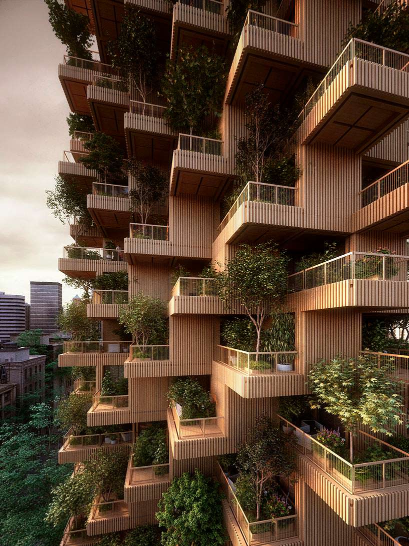 Мини-сады на фасаде деревянной башни от Penda + Timber