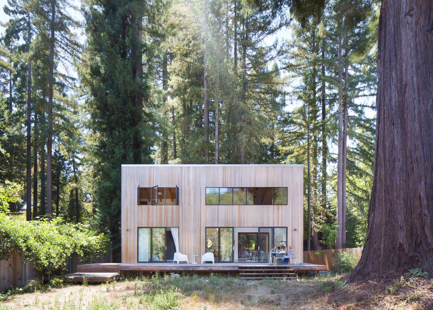 Идеальный дом посреди красных деревьев на окраине леса